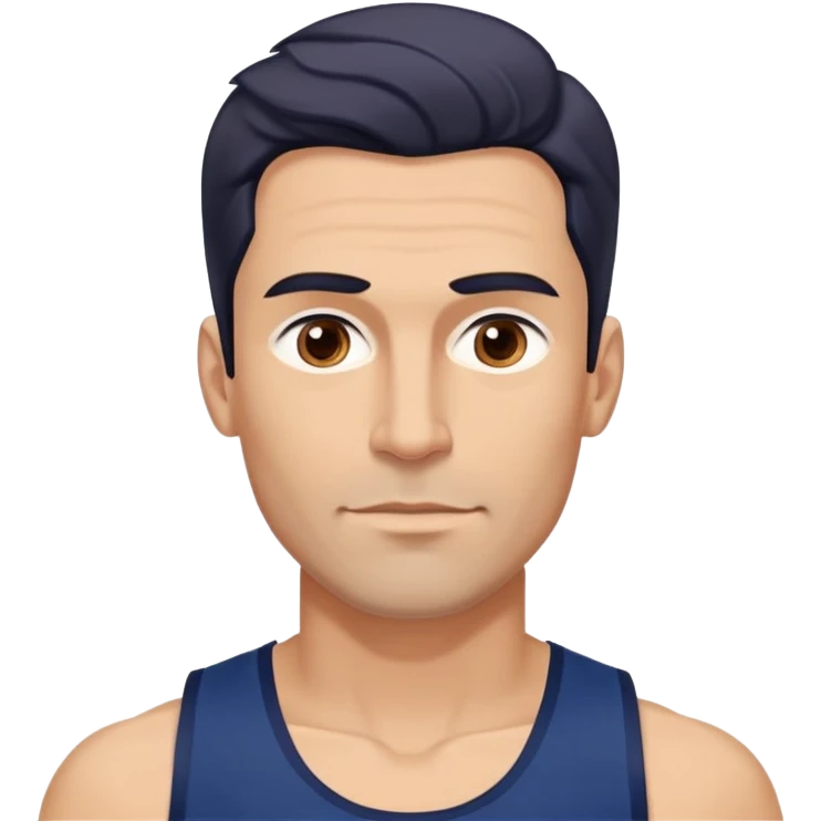 Youthful-looking athletic 40-year-old man with light brown skin, elongated face, defined jawline, attractive features, medium dark eyes, arched eyebrows, straight nose, confident expression, medium wavy dark hair with modern style, wearing a navy blue tank top emoji