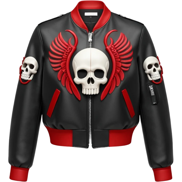 Alexander McQueen brand Cropped black and red leathdr bomber detailed jacket for women with edgy skull style, detailed embellishments. 8k, 5000x5000px, 3D rendering, realistic, isolated still life, no emoji faces no emoji icons no human figures  emoji