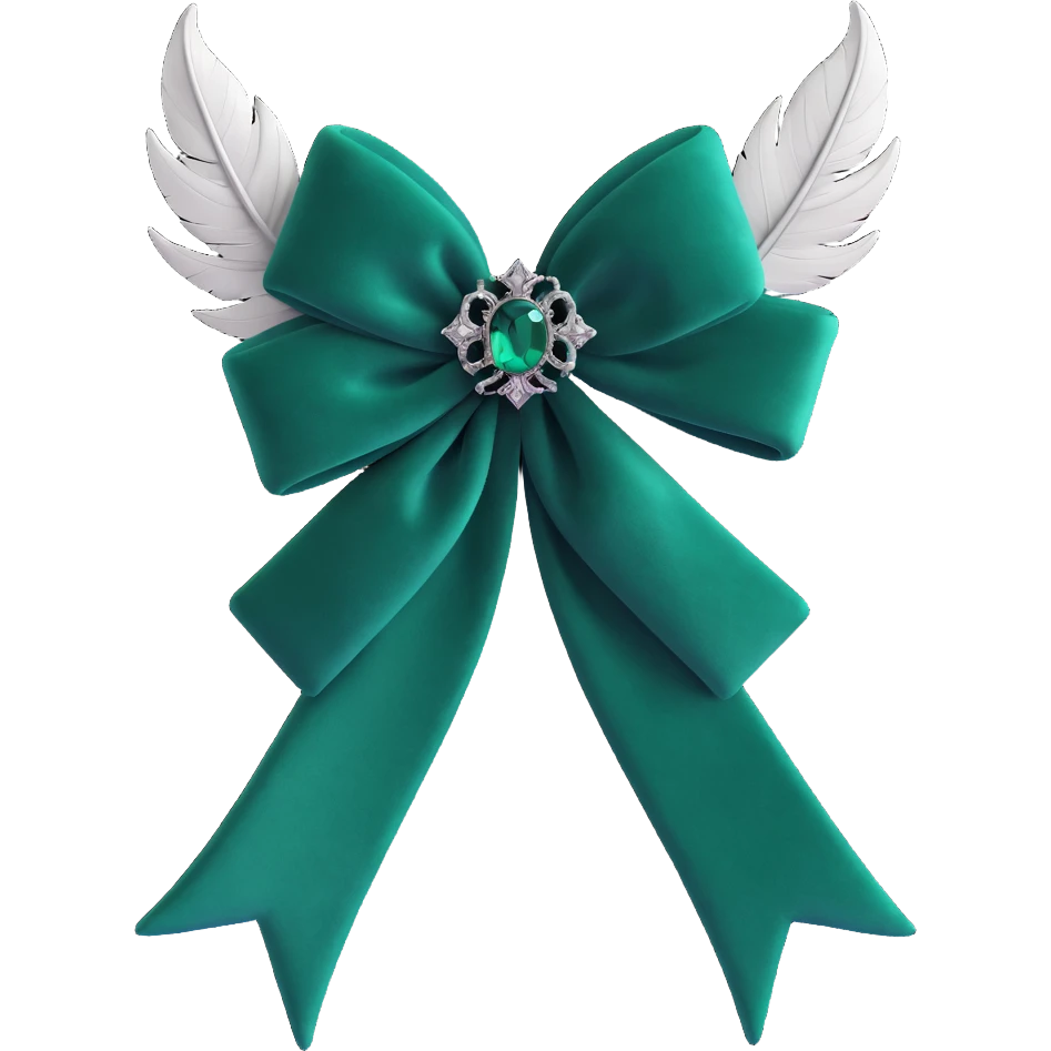 gothic bow, dark emerald velvet, silver cross, feather details, lush and gothic emoji