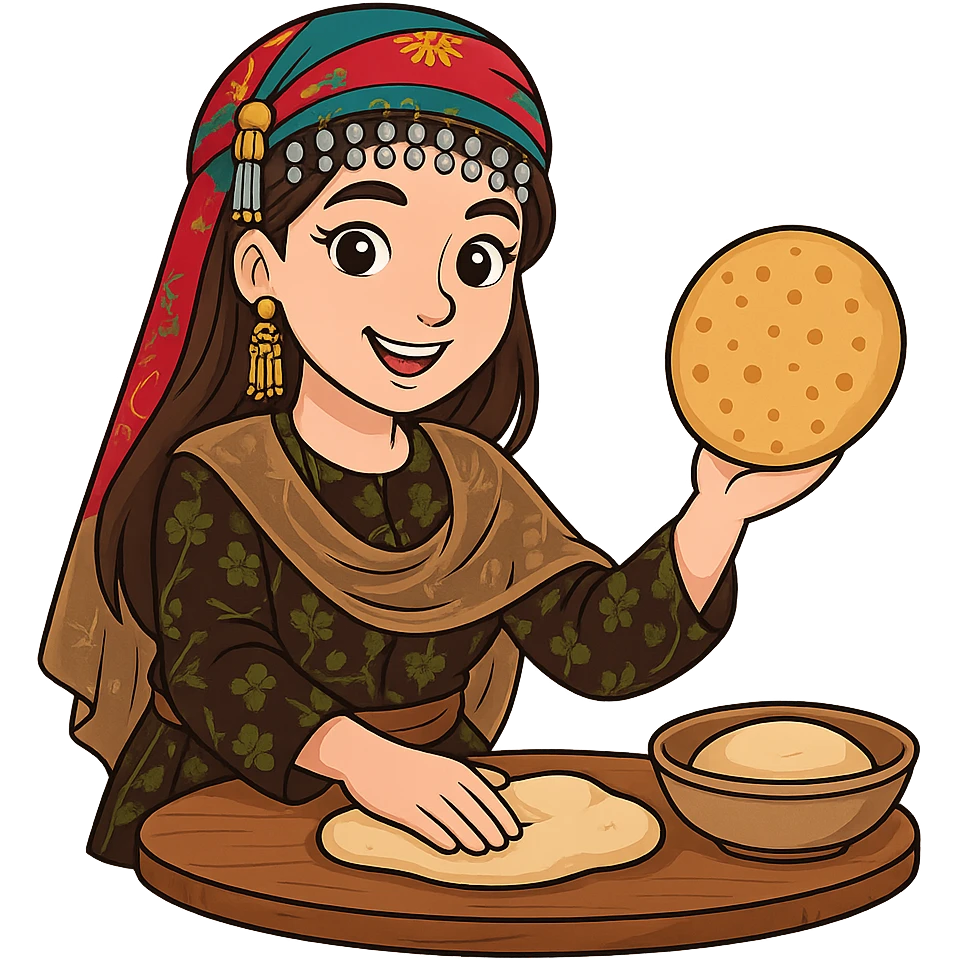Kurdish cartoon sticker of the same woman in the new dress, baking bread, holding flatbread or working with dough, smiling, no text, transparent background emoji