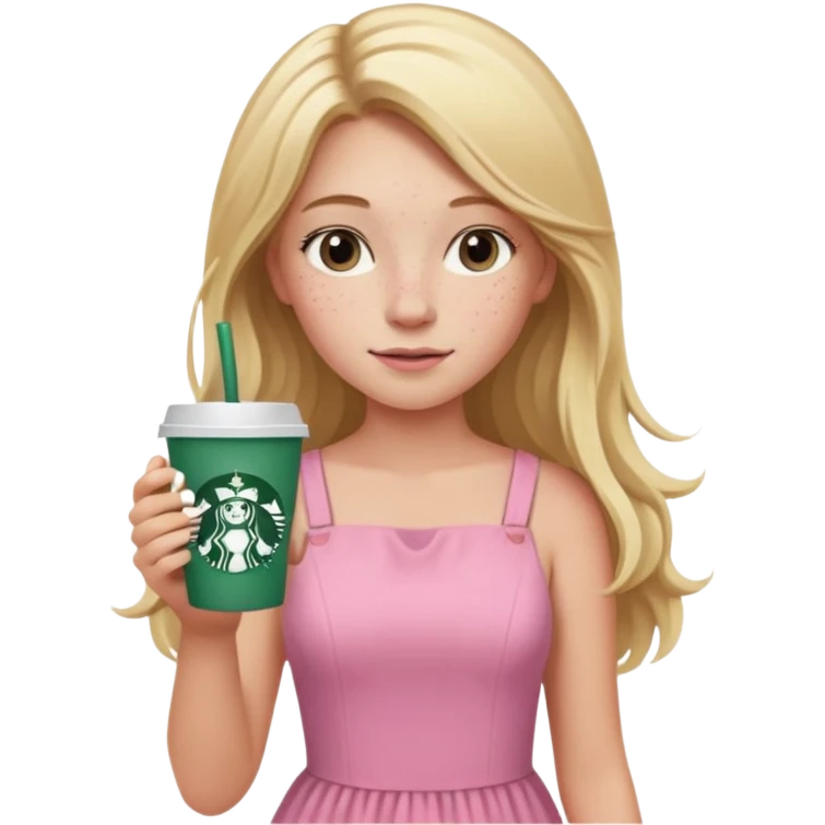 teenager girl blond w/ freckles long hair pink dress with starbucks emoji