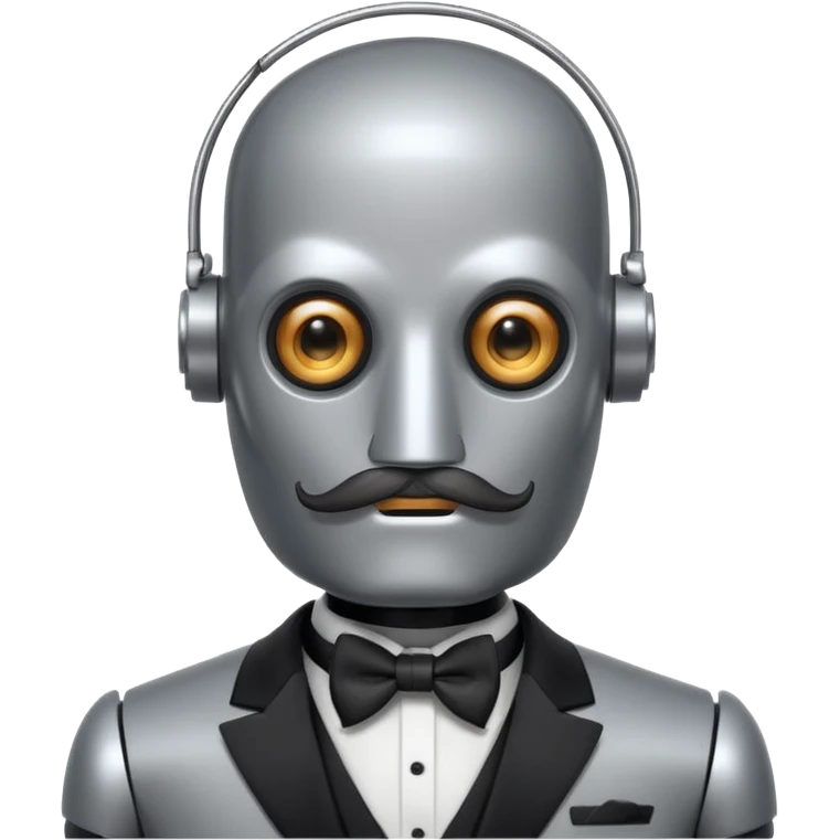 Gray Robot with a cylindrical head, handlebar moustache, no pupils, wearing a tuxedo, buff emoji