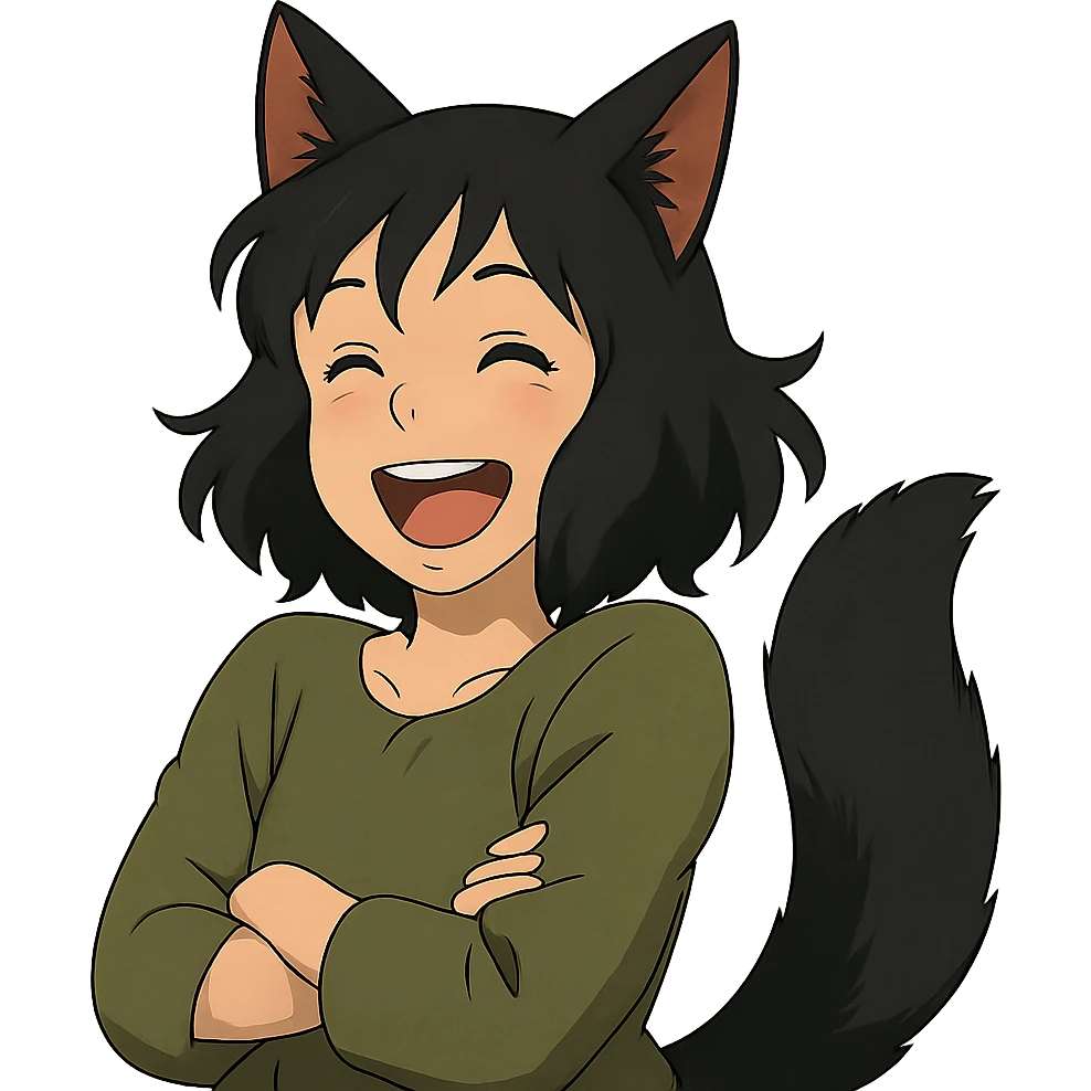 A girl with black fox ears and a tail, green eyes, dark hair, laughing emoji