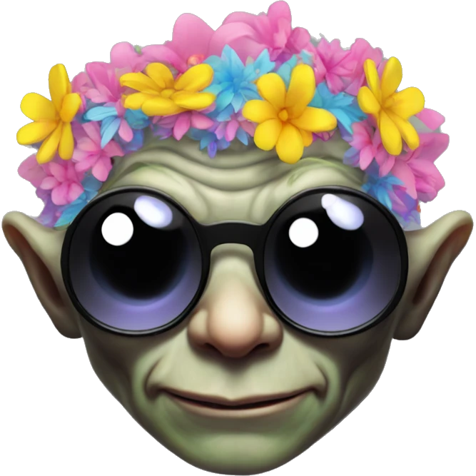 gollum dressed for an edm concert, sunglasses, flowery, neon colors emoji