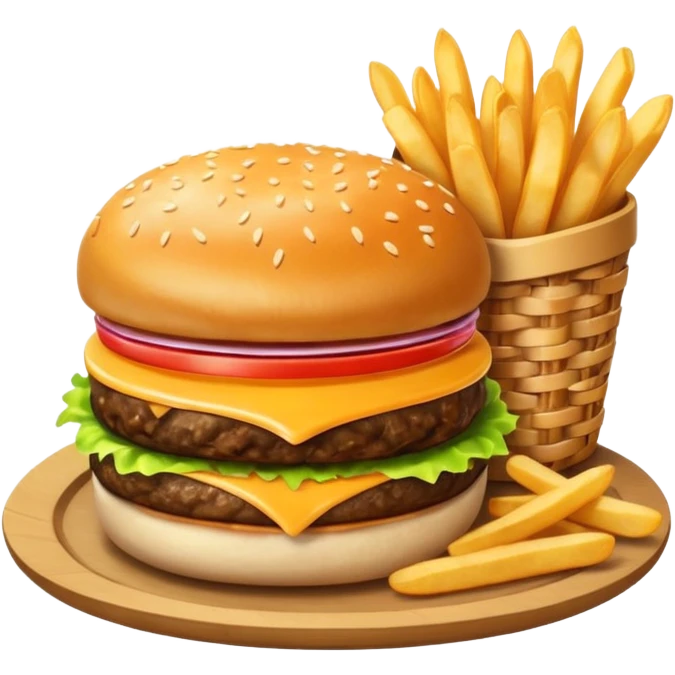 1950s diner food meal. Realistic Cheese Burger with French fry basket emoji
