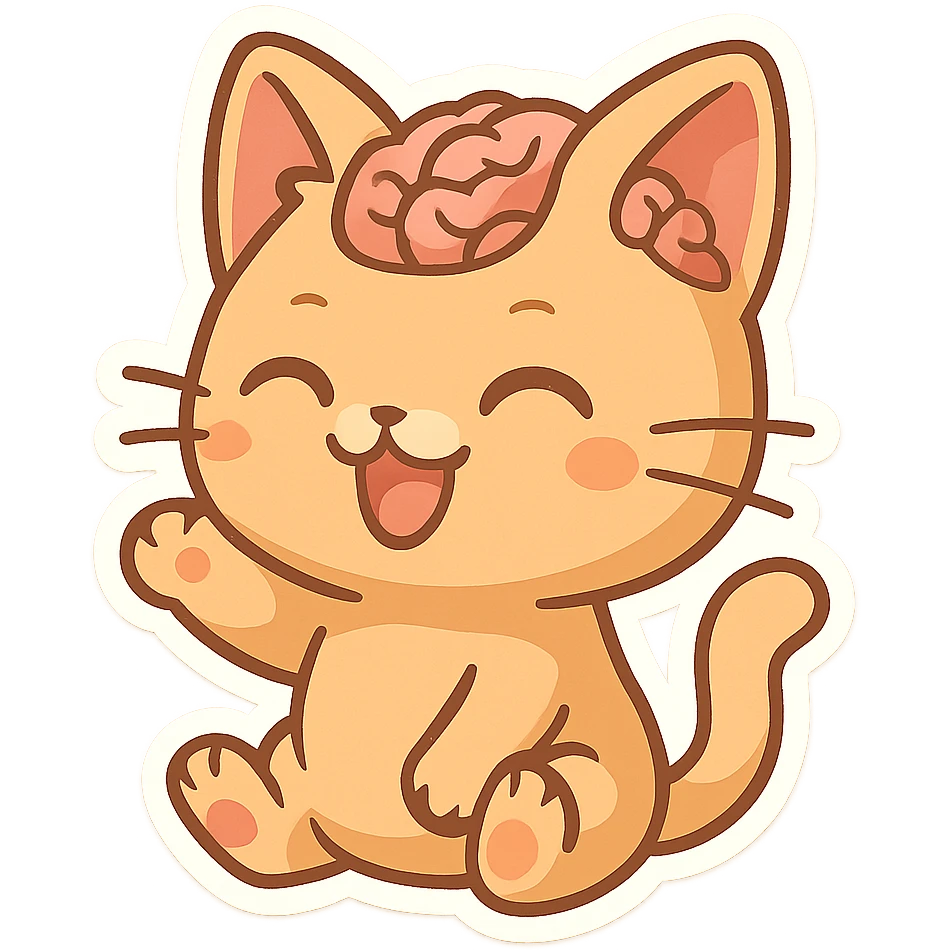 playful and cute cat with a visible brain, chibi stickers style emoji