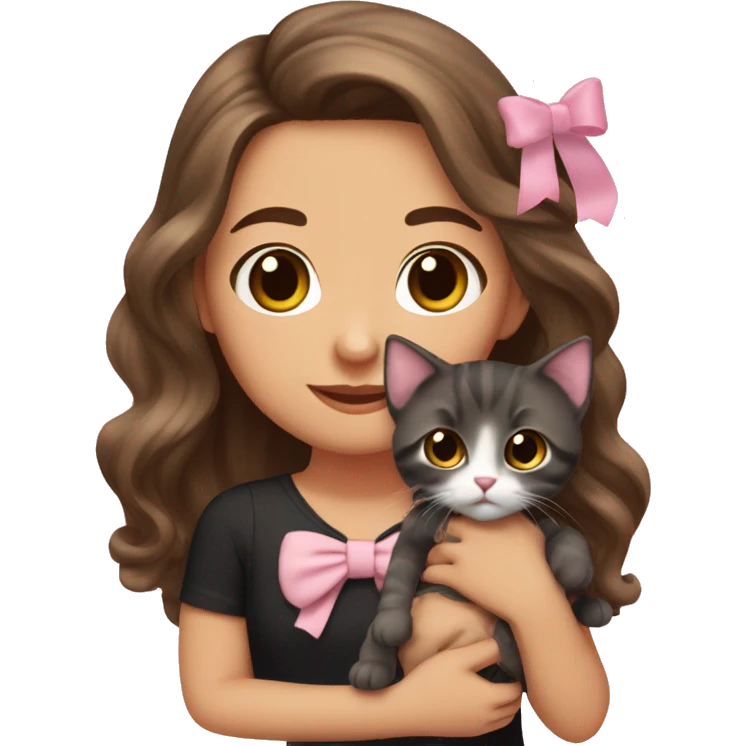 olive-toned brunette with long wavy brown hair and brown eyes, wearing a light pink hair bow. She is holding a black kitten that also has a matching pink bow emoji