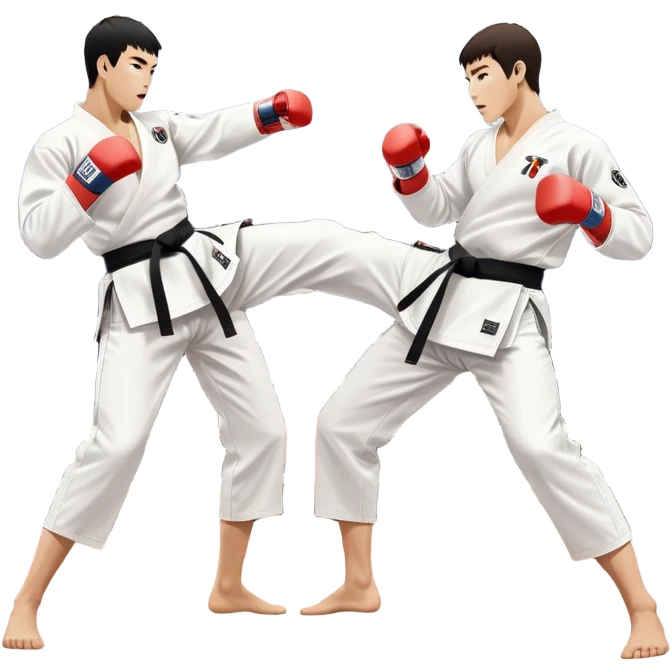 Two taekwondo fighters in traditional white doboks with black belts. One delivers a powerful kick, while the other defends by blocking with his knee. The background shows a professional arena with bright lights and an excited crowd. Transparent background highlights the intense action emoji