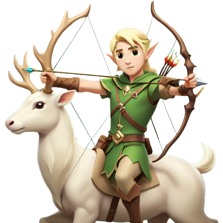 clash-of-clans-aesthetic-blond-male elf-archer-portrait-emoji, rendered in a flat, vector-style with minimal shading and bold holding his bow, simplified shapes, head tilted slightly forward with a determined, focused expression, riding a majestic white stag whose antlers glow with mystical energy, set against an ancient, enchanted forest backdrop. emoji