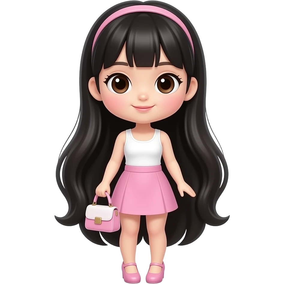 A cute, ethereal Asian doll-looking girl with long thick shiny black hair, dark brown almond-shaped eyes, full boy, light pink mini skirt, white tank top, light pink heels, light pink and white mini handbag emoji