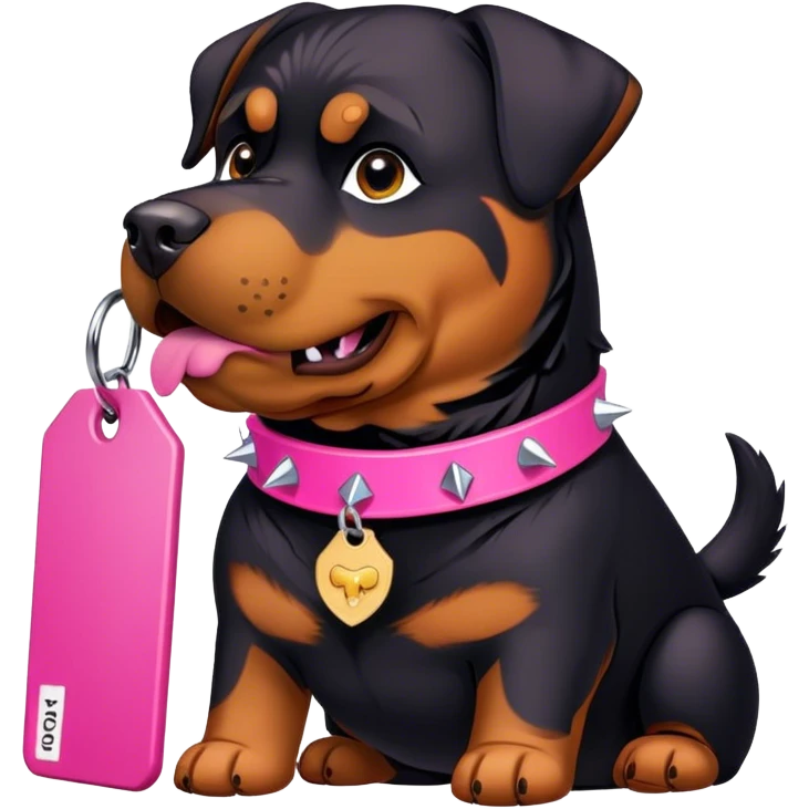 Rottweiler with pink spiked collar and tag that says TONKA emoji