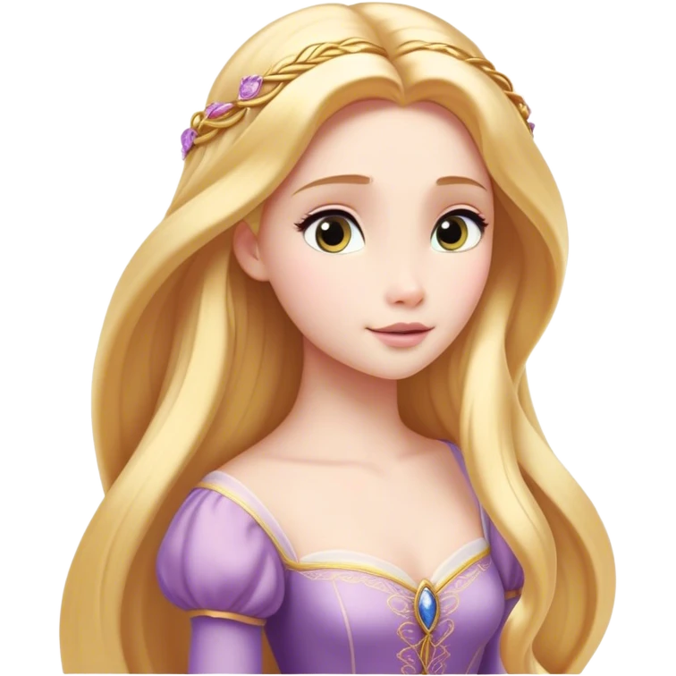 Cinematic Timeless Rapunzel Portrait Emoji, rendered in a clean, vector style. Depict Rapunzel with porcelain skin, beautifully styled long golden hair, and a serene, graceful expression, dressed in her classic gown. The design features bold, clean lines, a soft, magical glow, and a subtle glowing outline that captures her timeless, fairy-tale beauty. emoji