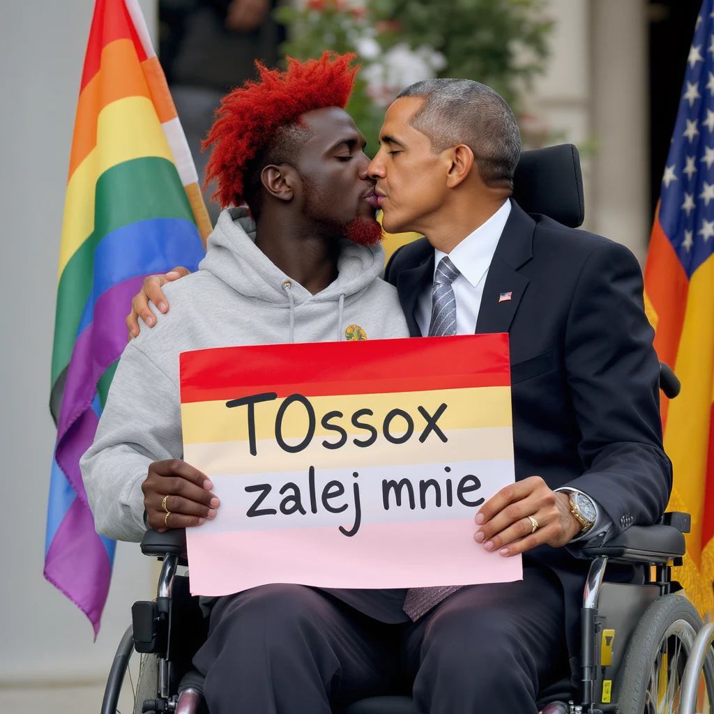 Black man with red hair sitting on wheelchair holding lgbt flag holding text "T0ssox zalej mnie" kissing with barack obama emoji