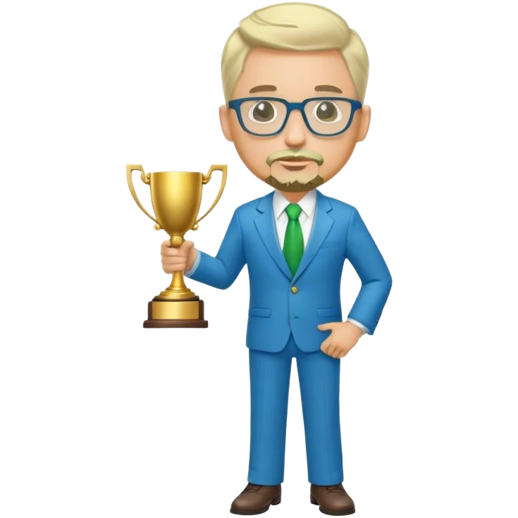 Full Body white male plus size wearing glasses with a goatee with light blonde and gray very short hair happy basketball head Coach in blue and green suit holding trophy emoji