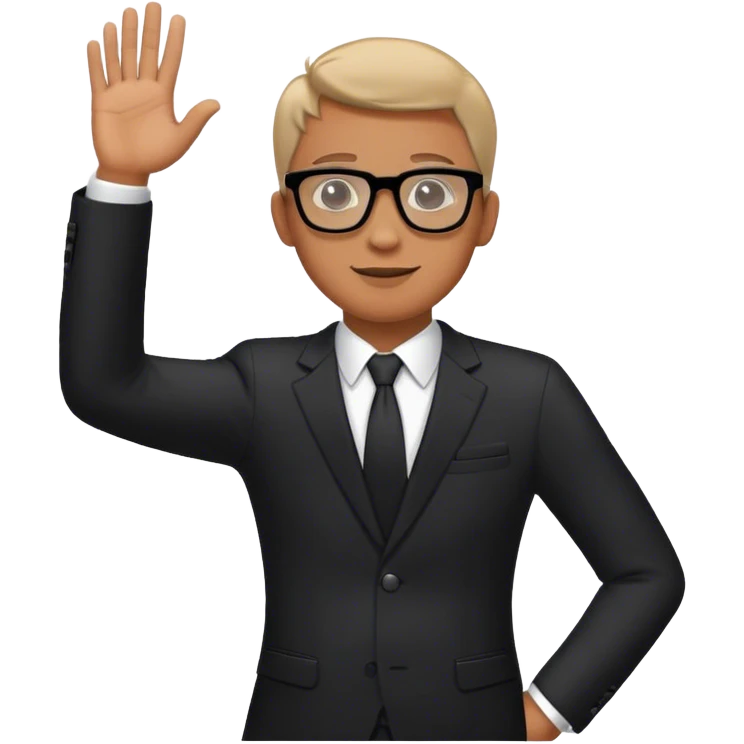 Man in black suit and glasses with his hand up emoji