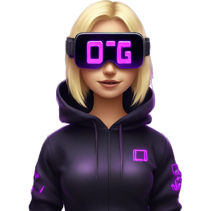 Russian cute blond girl wearing black hoody with violet letters "OMG", in vr headset. Cyberpunk style. Violet neon. emoji