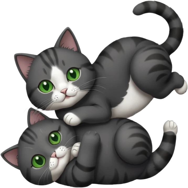 solid dark grey cat with green eyes, white toes/paws and white patch on her chest playfully rolling upside down emoji