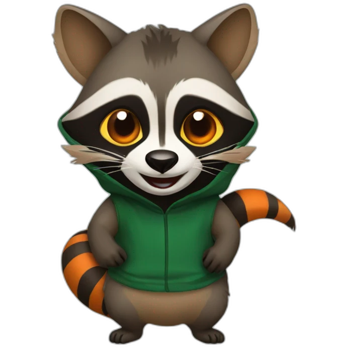 brown raccoon with orange eyes and a dark green hood that is laughing emoji