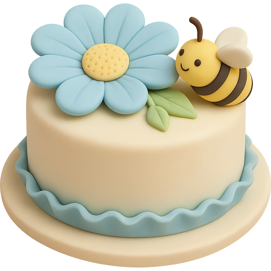 Add a cute bee next to the blue flower in fondant cake art style, keeping the cake-like appearance and colors consistent. emoji