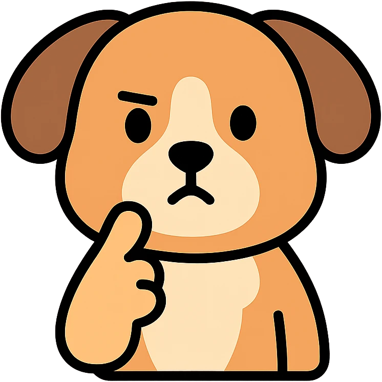 cute brown and white dog with a thinking face emoji