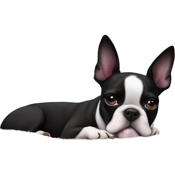 Boston terrier sleeping on pink fluffy bed emoji