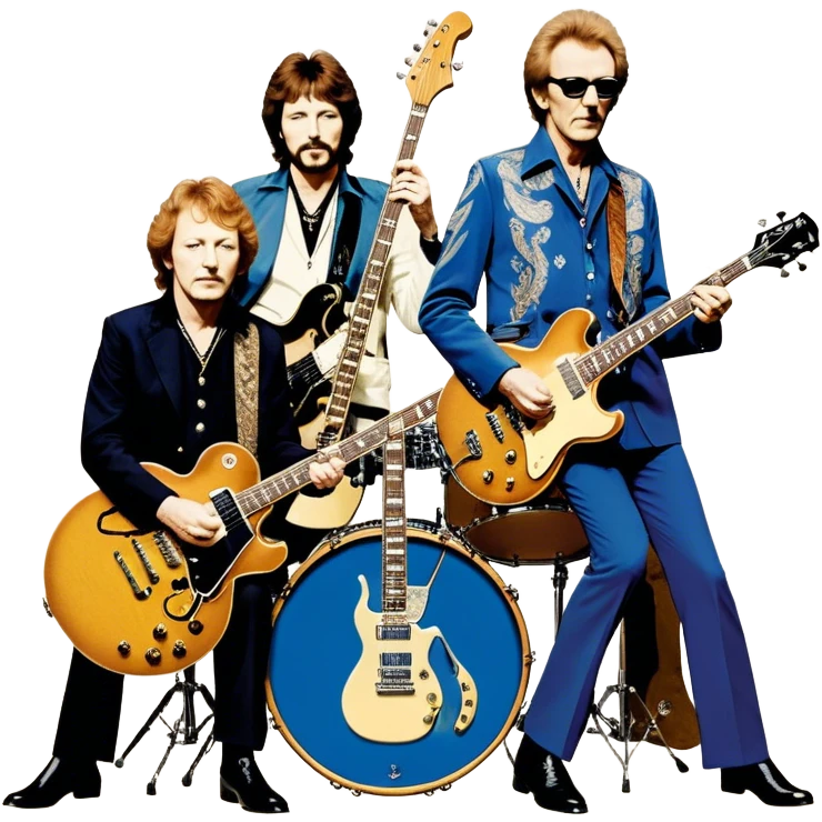 Icon for Blues Rock: collage of the band Cream, with silhouettes of the members (Eric Clapton, Jack Bruce, Ginger Baker) and symbolic items like guitars, drums, and bass. The design should convey the powerful, energetic vibe of the band's music. Transparent background. emoji