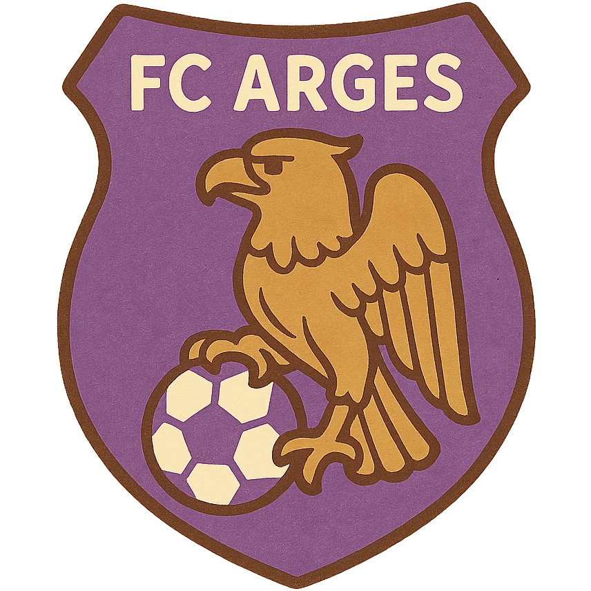 FC Arges football club logo, shield shape, purple and white colors, stylized eagle, soccer ball, modern sports logo style emoji