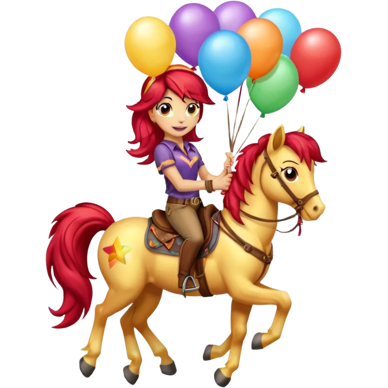 sunset shimmer mlp holding colorful balloons tied to its saddle, looking cheerful. emoji