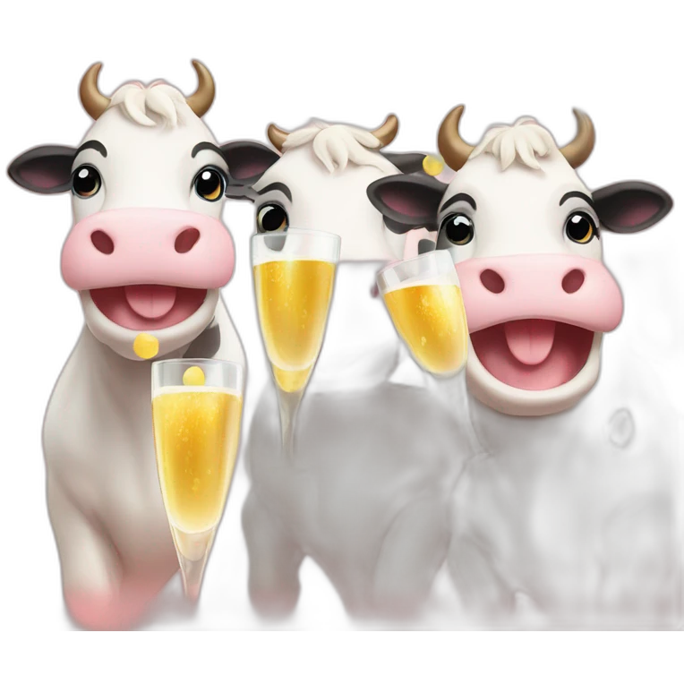 Three cute smiley cows drinking champagne emoji