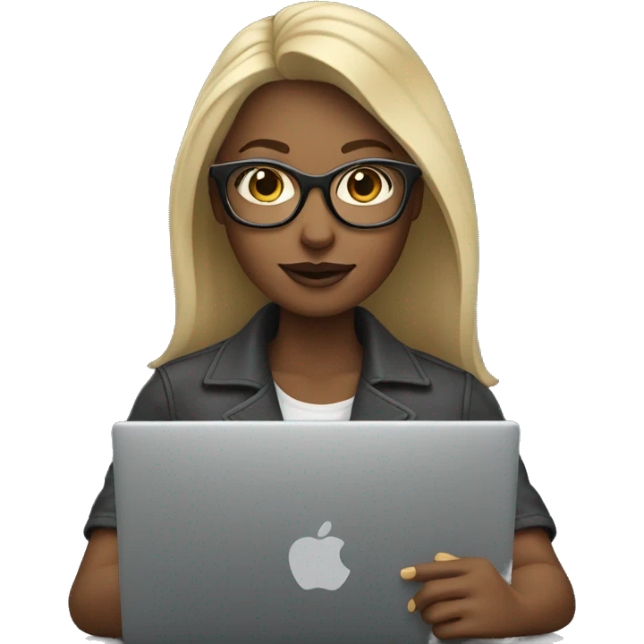 A dark blond woman with thick glasses usng a laptop with her grey cat emoji