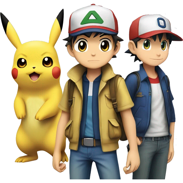 Detective pikachu with ash ketchum and the three kanto starter pokemon emoji