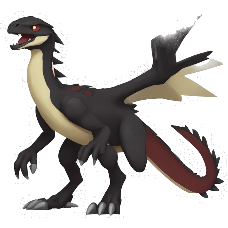  Cool Edgy Black Digimon-Fakemon-Raptor-Reptile with beige belly and maroon-colored mane full body emoji