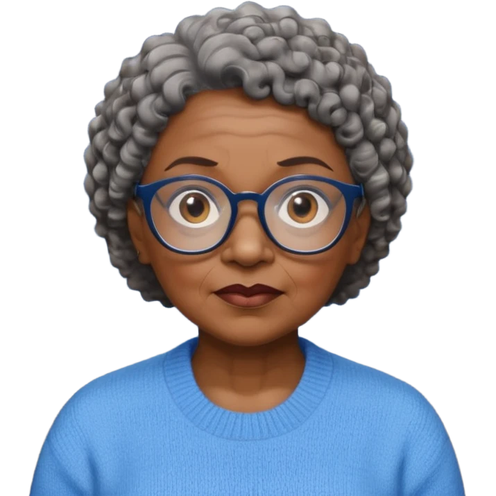 Old black woman, solemn, wearing glasses and blue sweater, short curly hair emoji