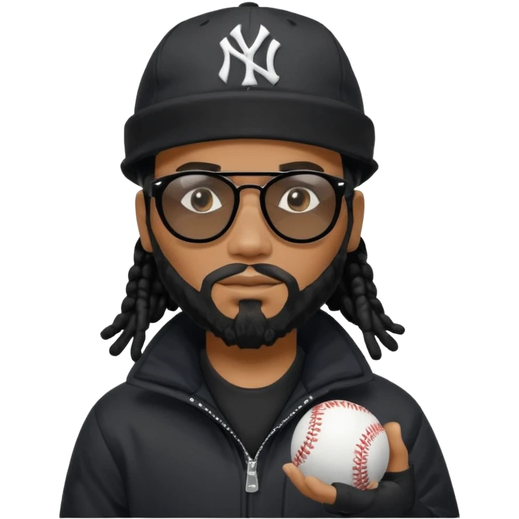 African American Man with shoulder length black dreadlocks with black beard wearing black sunglasses wearing a black bubble winter coat and a New York Yankees logo baseball cap checking the time emoji