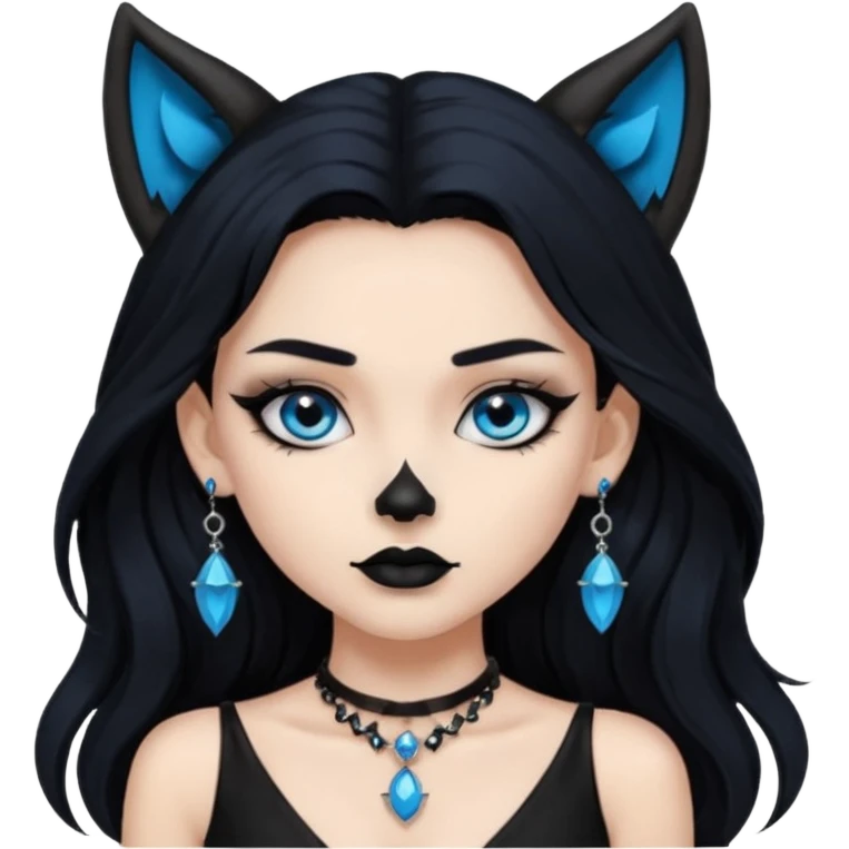 A girl with long black hair and blue eyes, black eyeshadow, black eye liner, mascara, and black lipstick, and black skull earrings. Also a black sexy dress and wolf ears  and a black pendent   emoji