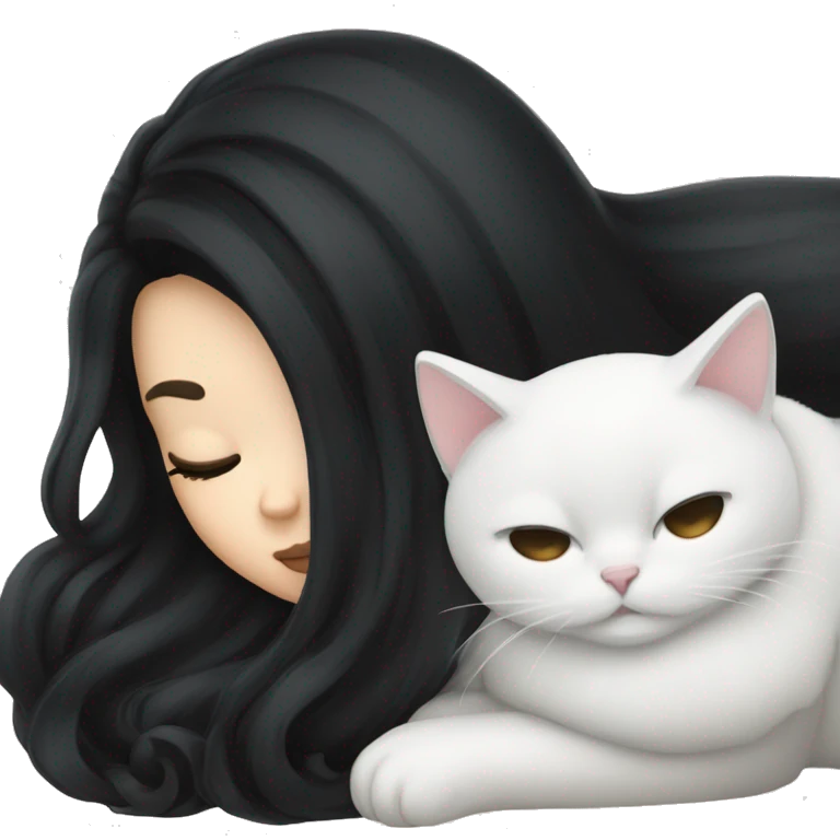 A pretty white girl with very long black hair and sleeping curled up to a white cat  emoji