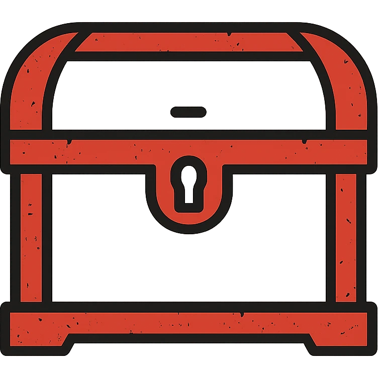 a minimalist red treasure chest where the middle is mostly transparent, with only the essential red outlines and frame remaining, weathered and slightly distressed edges, some red elements strategically placed to define the chest shape emoji
