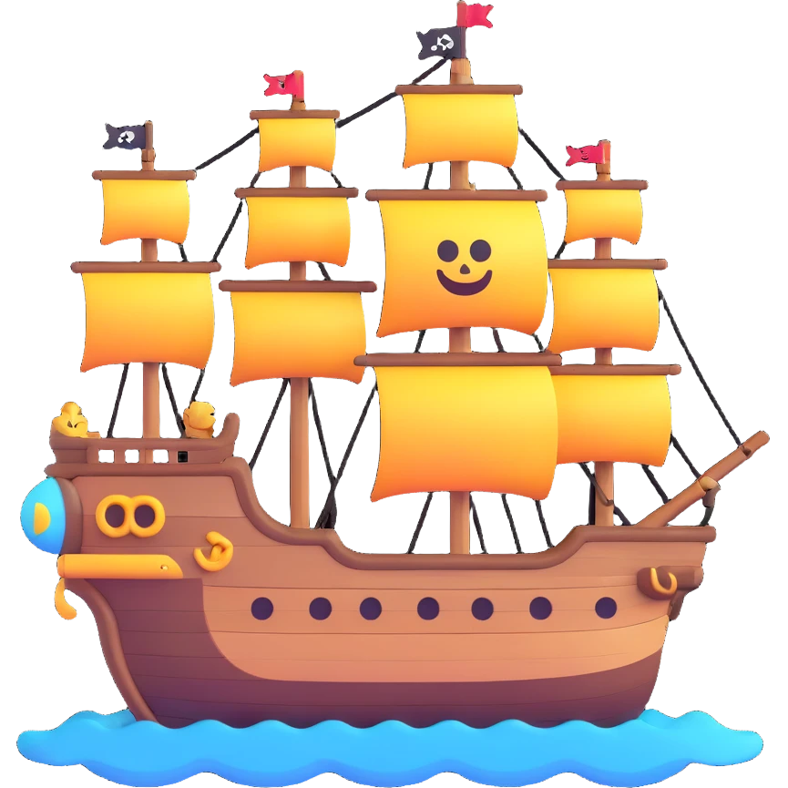 cute pirate ship with round shapes and 3D emoji style emoji