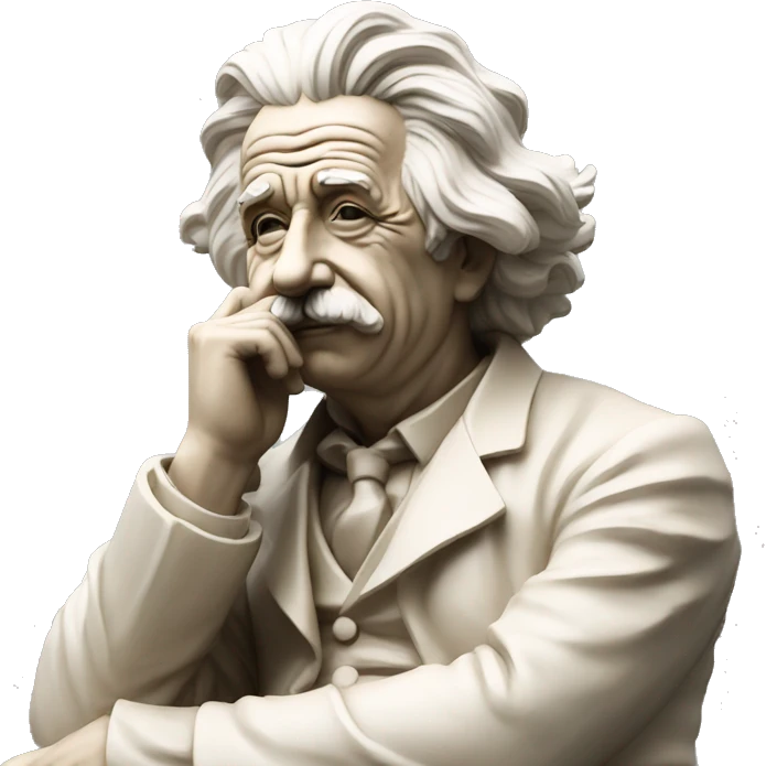 sitting philosopher-statue as albert einstein lean on hist fist emoji