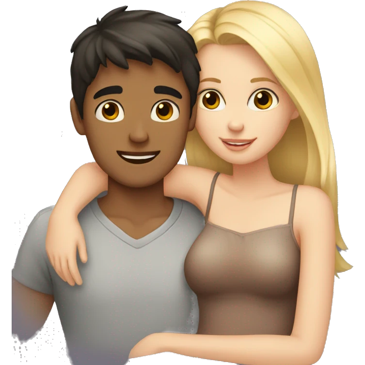 A blonde-haired girl and a dark-haired boy cuddling emoji
