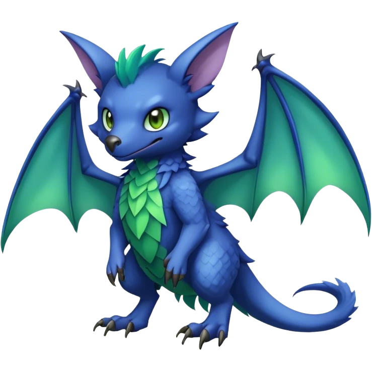 Cute cool fantasy animal hybrid bat-Sergal-Digimon-Fakemon full body, green scales, brown eyes, blue feathers emoji