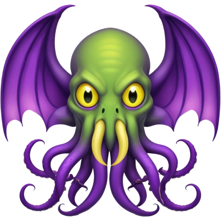 light green Cthulhu with purple bat wings and purple gradient tentacles. Yellow angry eyes. yellow suckers on tentacles. dramatic ominous shading emoji