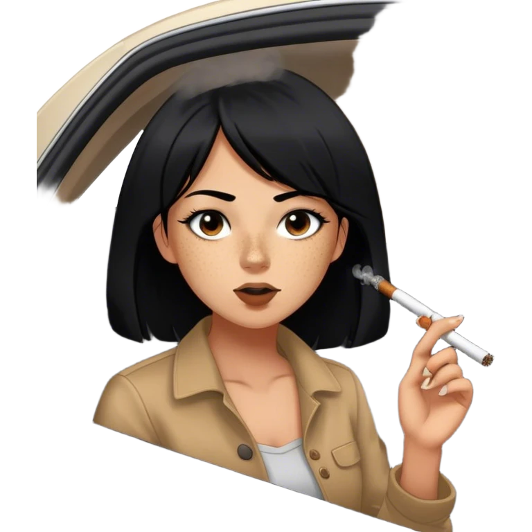 girl with black hair freckles button nose brown eyes smoking a huge blunt hanging out of a black nissan altima emoji
