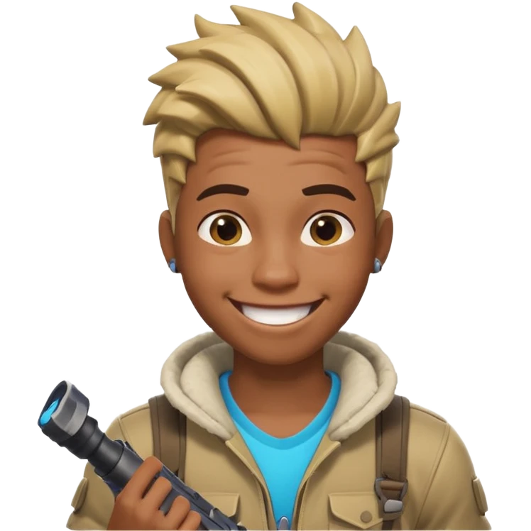 black boy with twists holding in his laugh with Fortnite as the background emoji