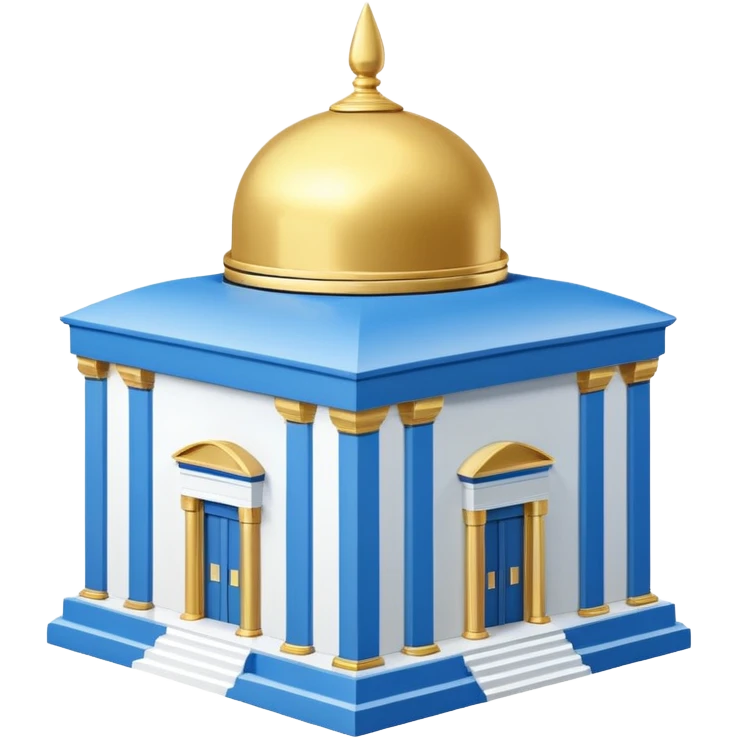A cubic-shaped temple with smooth, clean edges and blue and white horizontal stripes along the walls. The structure has no pillars or columns. A Polished golden dome sits centered on top of the cube, with a smooth surface and no spiral or finial at its peak. The architectural style is minimalist  emoji