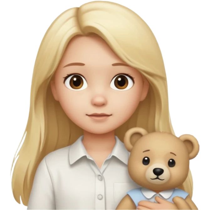 Blonde little girl, long hair, white shirt with beige bear emoji