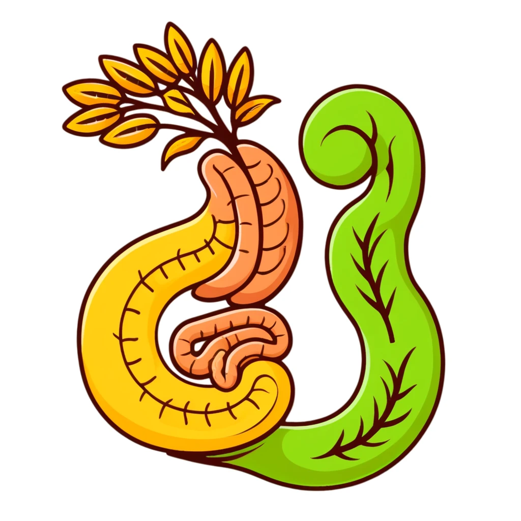 Cute simplified human digestive system diagram with stomach and intestines, surrounded by golden wheat stalks and green leaves. Bright healing particles moving through the digestive tract, showing food digestion and cleansing process emoji
