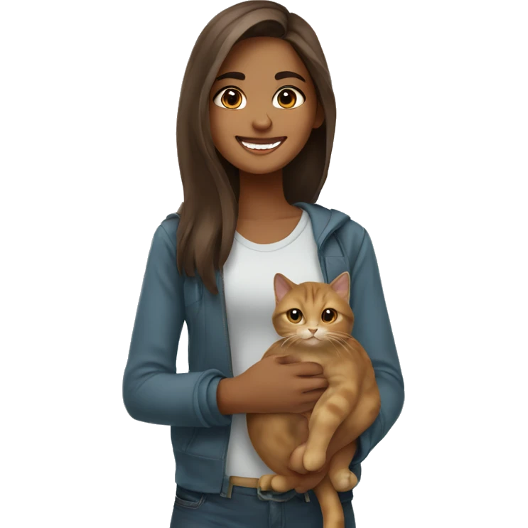 A  girl from Dubai with brownish long hair holding a cat and smiling  emoji