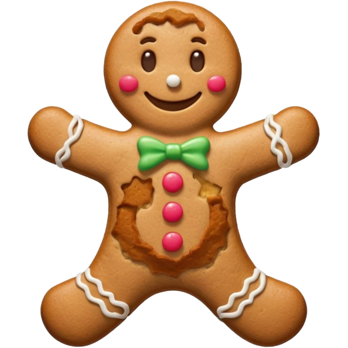 {
    "type": "object",
    "look": "gingerbread man, icing smile, cookie texture, front view",
    "description": "a cheerful gingerbread cookie shaped like a man, smiling with white icing details"
  } emoji