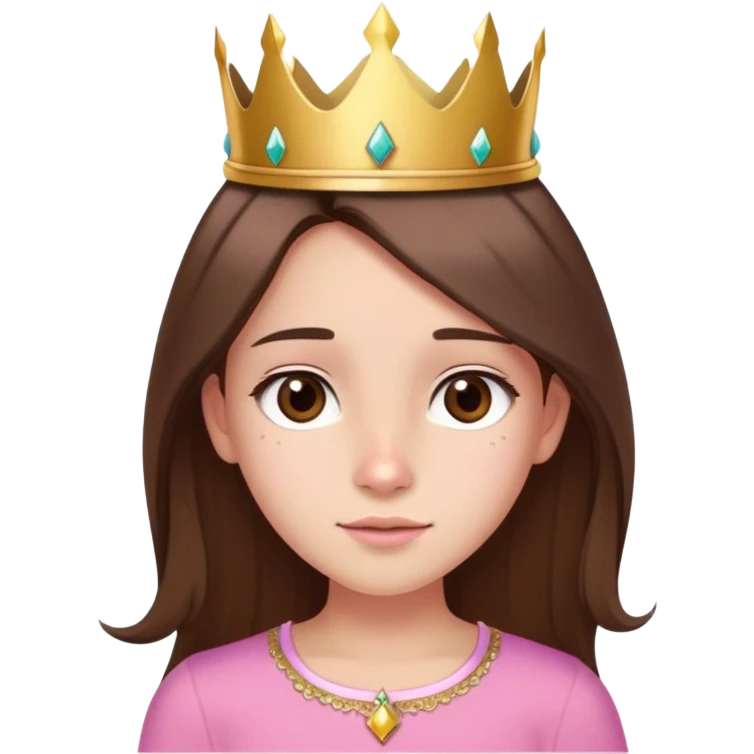 girl with straight brown long hair, brown eyes, pink top, gold crown, subtle birthmark left of nose, festive birthday look emoji